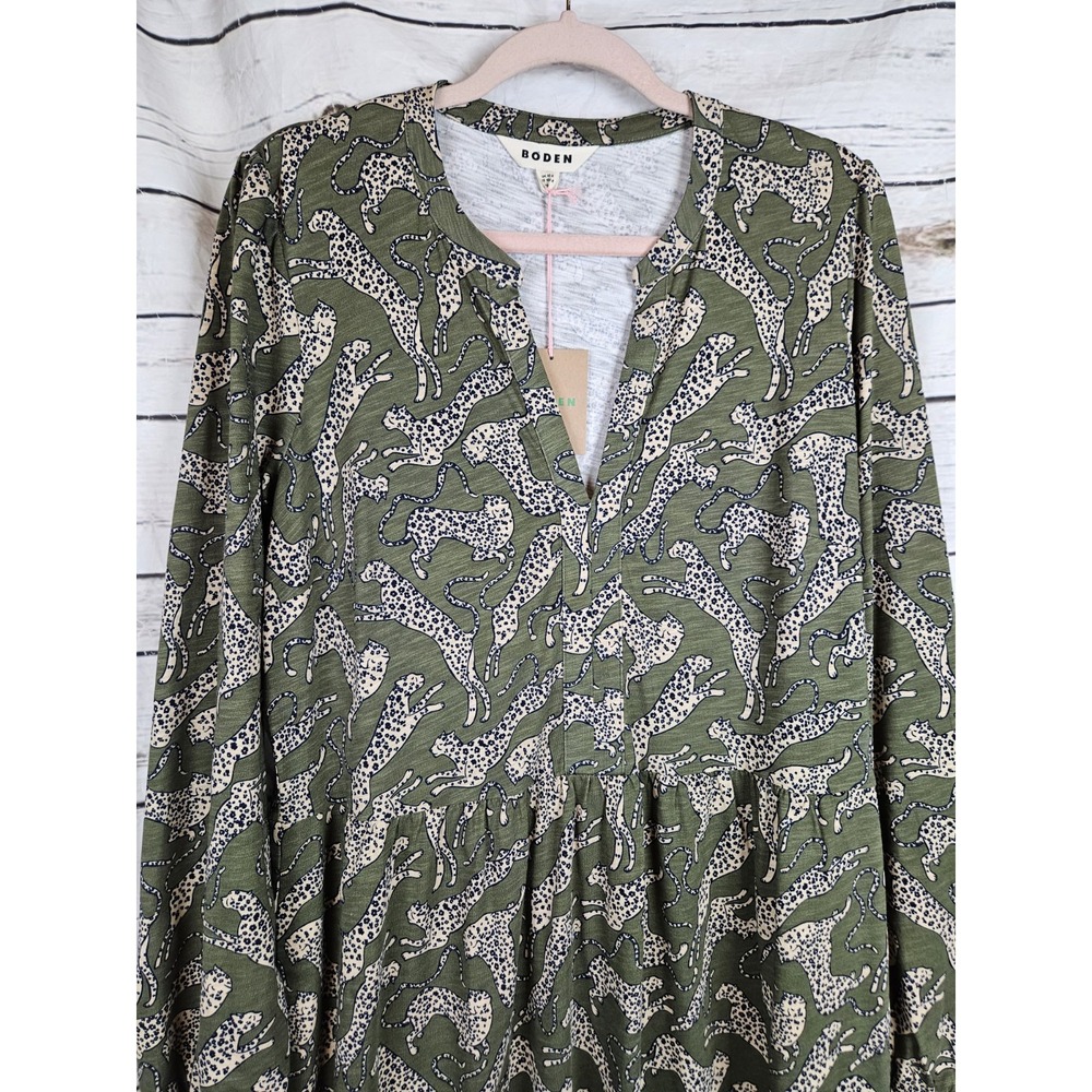 Boden Naomi Relaxed Jersey Knit Dress Leopard Olive Green 16-18 Animal Print NEW - Picture 2 of 11
